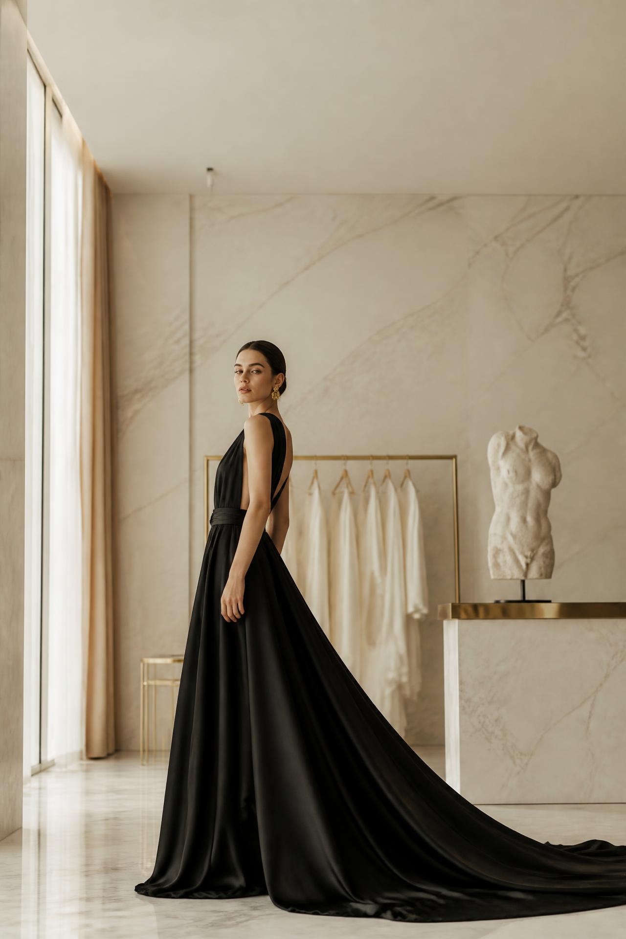 Model wearing a custom black silk evening gown in a marble atelier